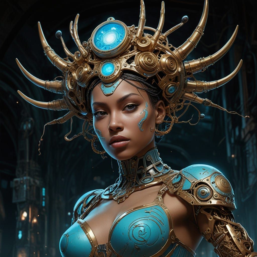 Mysterious Afrofuturistic Goddess Amidst Biopunk Machinery