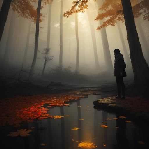 Woman in Misty Autumn Forest, Hyperrealistic Oil Painting