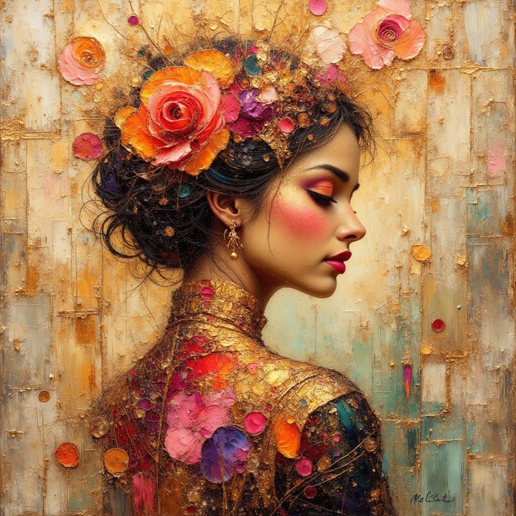 African Princess Silhouette in Encaustic Impasto Style