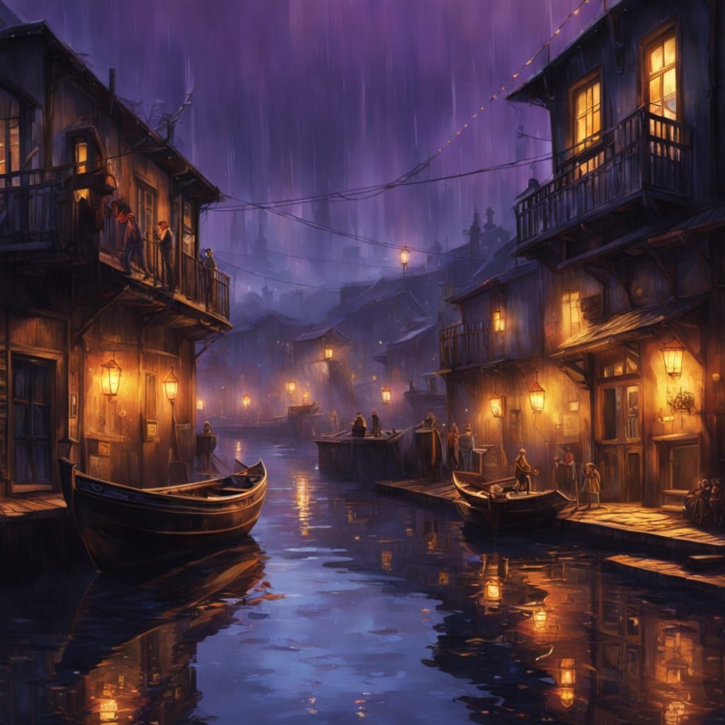 Rainy Harbour: Vibrant Oil Painting in Fantasy Style