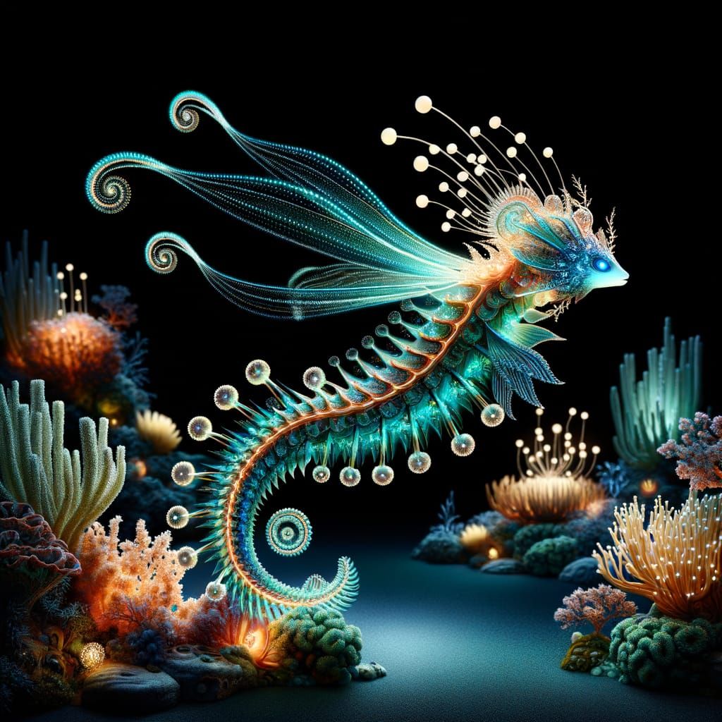 Bioluminescent Deep-Sea Creature Glides Down a Glowing Under...