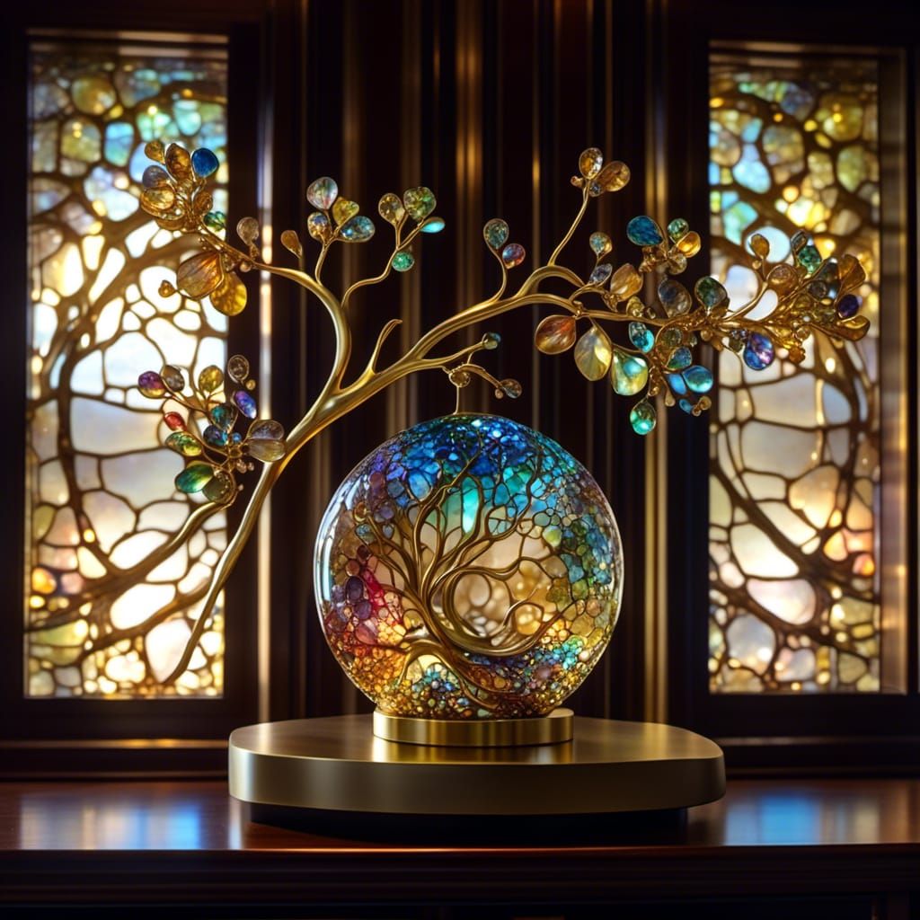 Tiffany-Style Golden Glass Sculpture with Volumetric Lightin...
