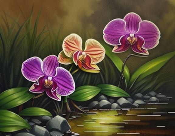 Colorful Orchids by Stream in Alcohol-Ink Style
