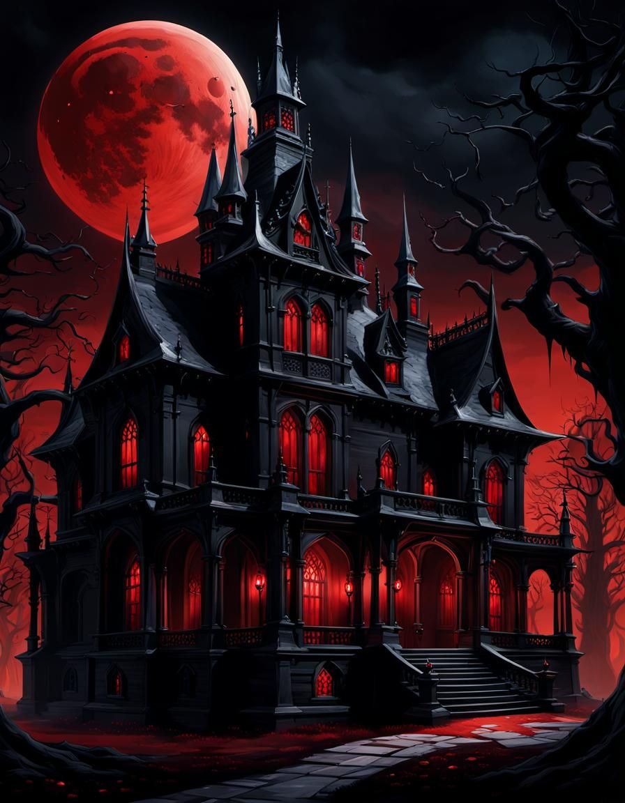 A towering, ominous gothic mansion with spires and dark arch...