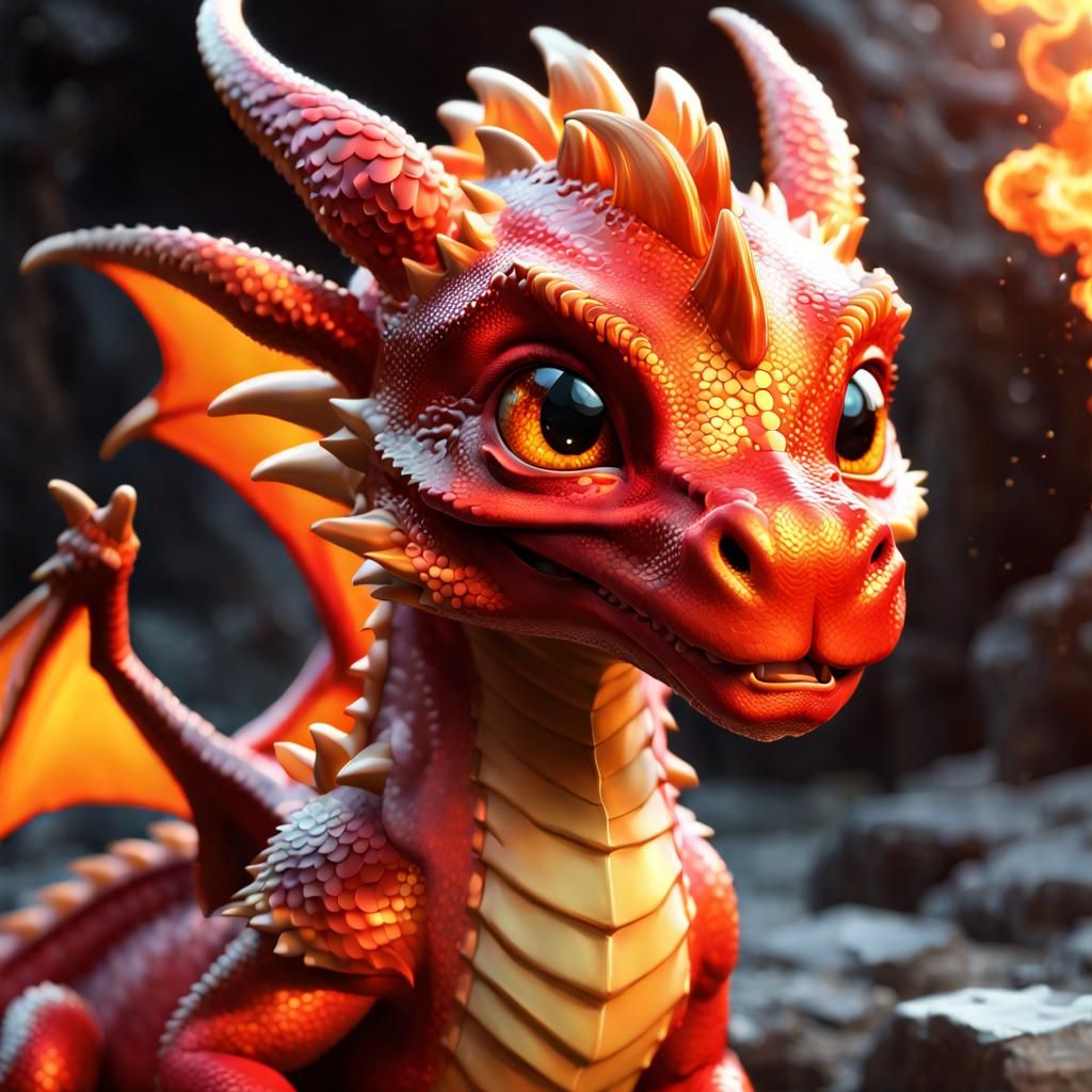Adorable Fire Dragon Portrait in Hyperrealistic CGI