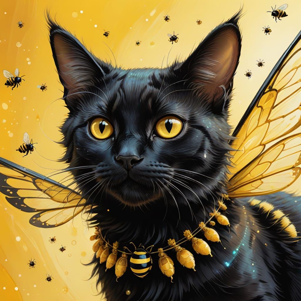 Cute Black Cat with Bee Wings in Fantasy Art