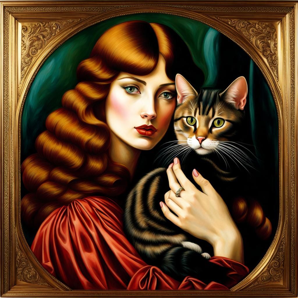 Woman with Cat in Pre-Raphaelite Style