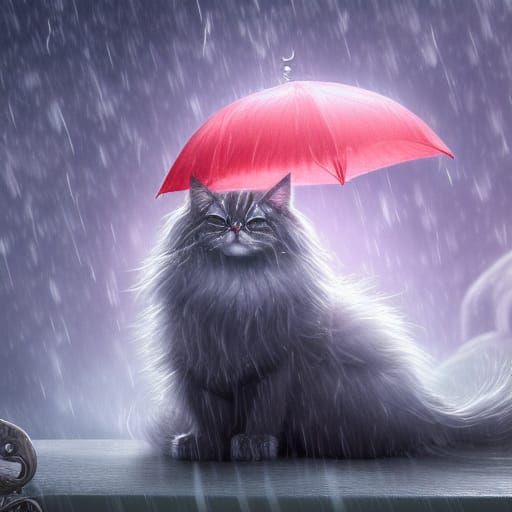 Ethereal Cat Under Umbrella in Rain