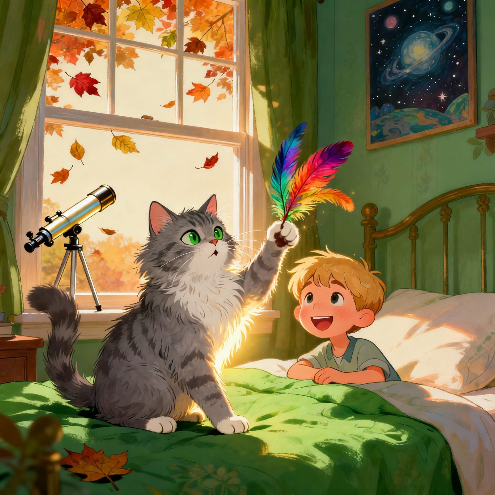 Cat and Boy Play with Feathers in Cozy Room