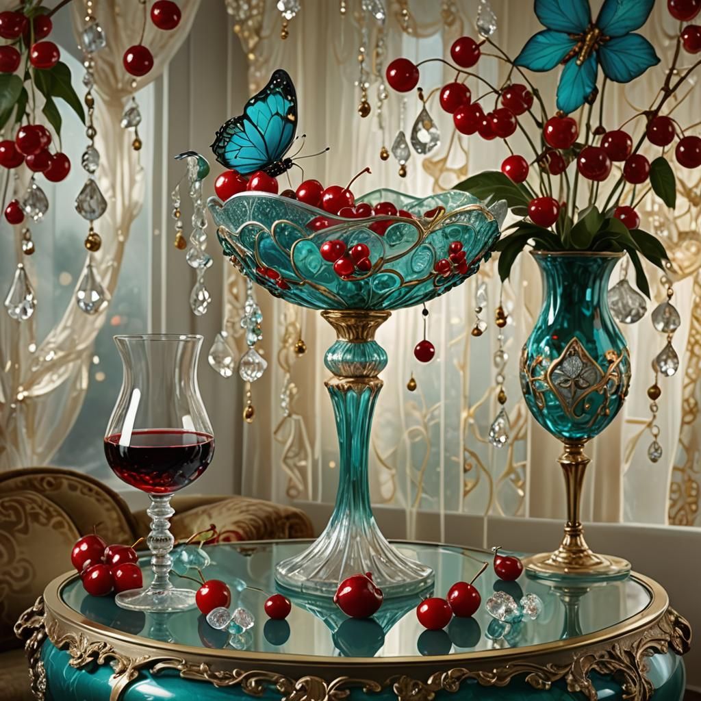 Art Nouveau Still Life with Cherries and Glassware