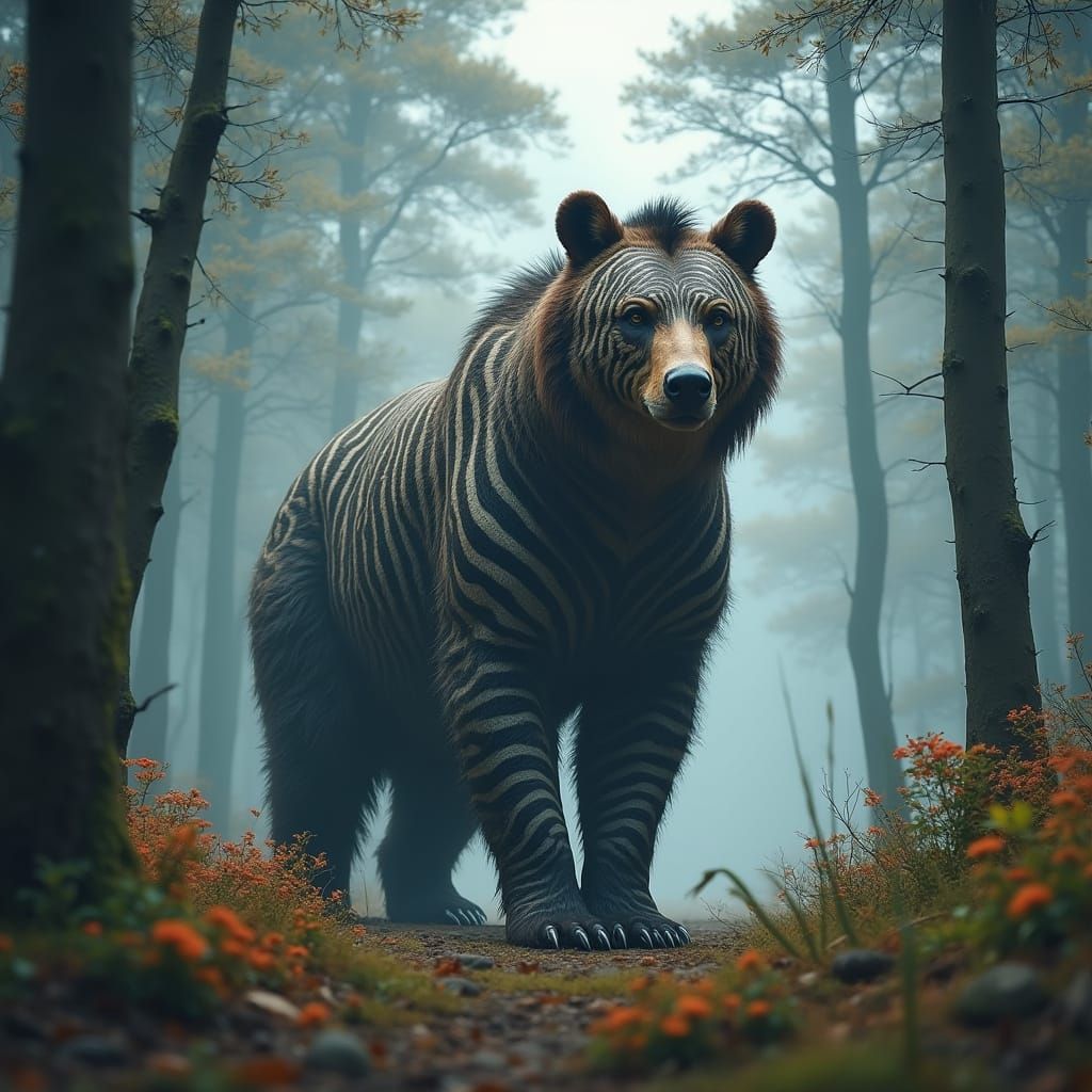 Half-Bear Zebra Creature in Misty Forest