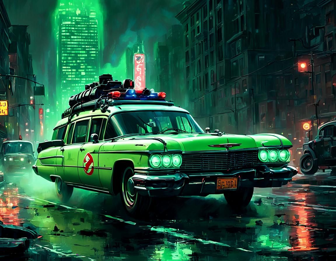 Ecto-1 Spectral Chase in Retro Sci-Fi Style