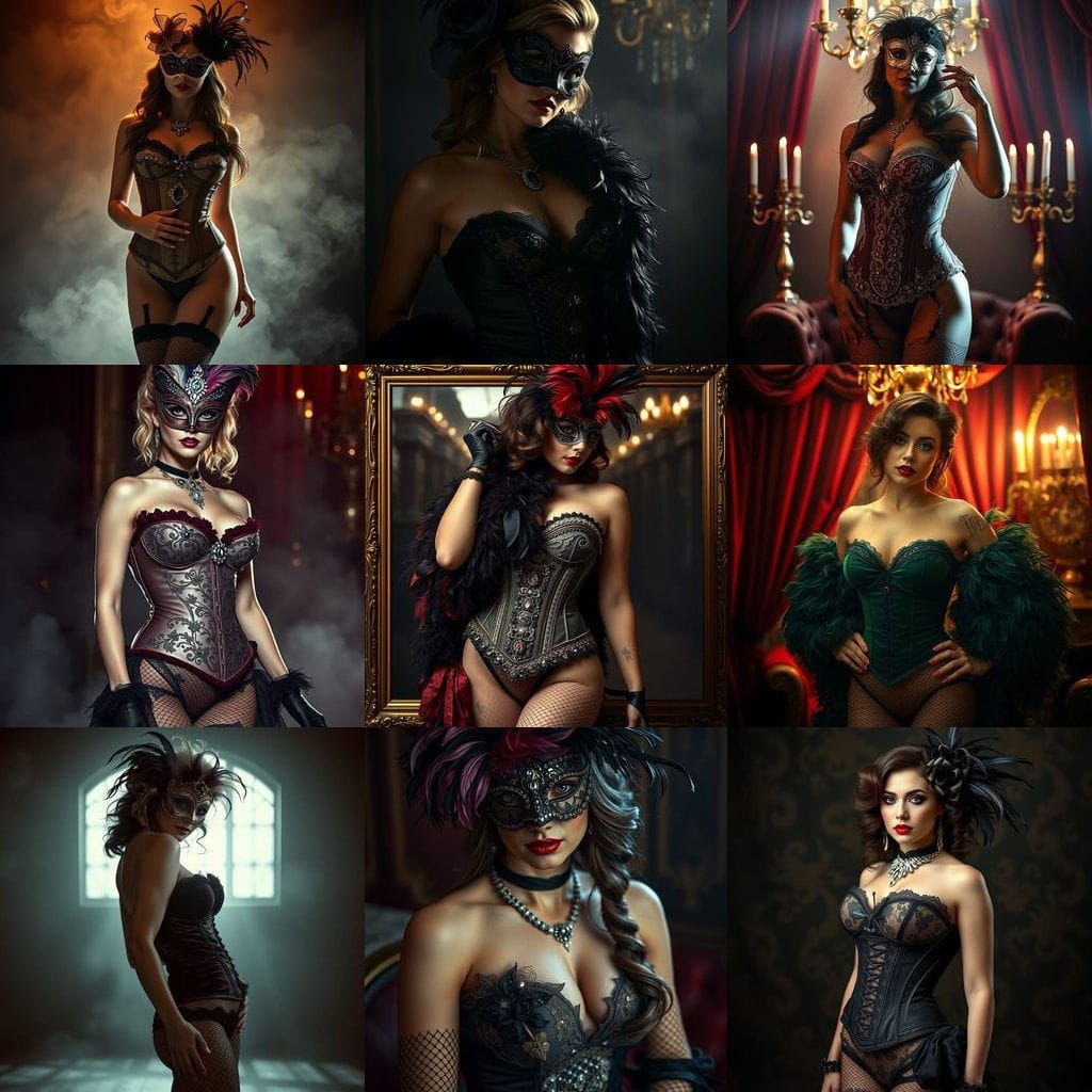 Woman in Seductive Masquerade Burlesque Outfit, Hyperrealist...