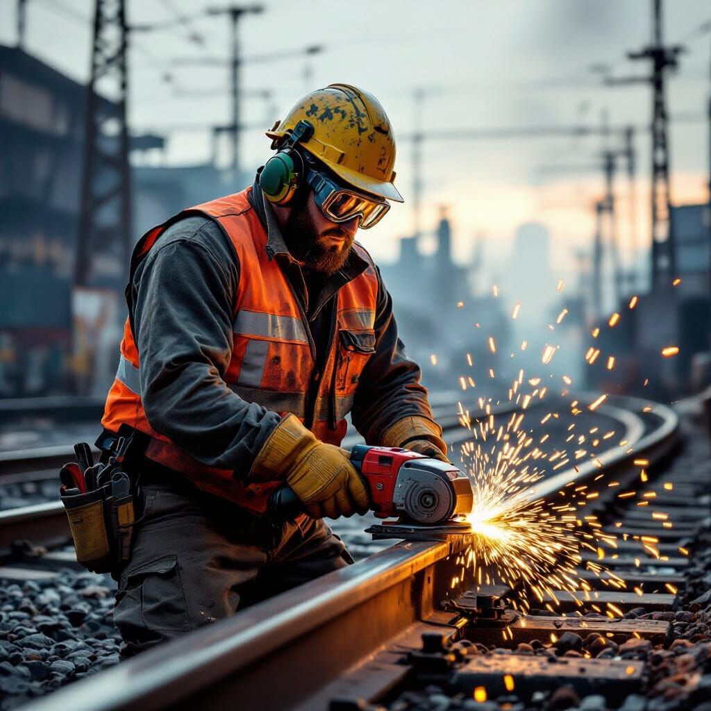 Man in Full Gear Working on Railway in Industrial Zone
