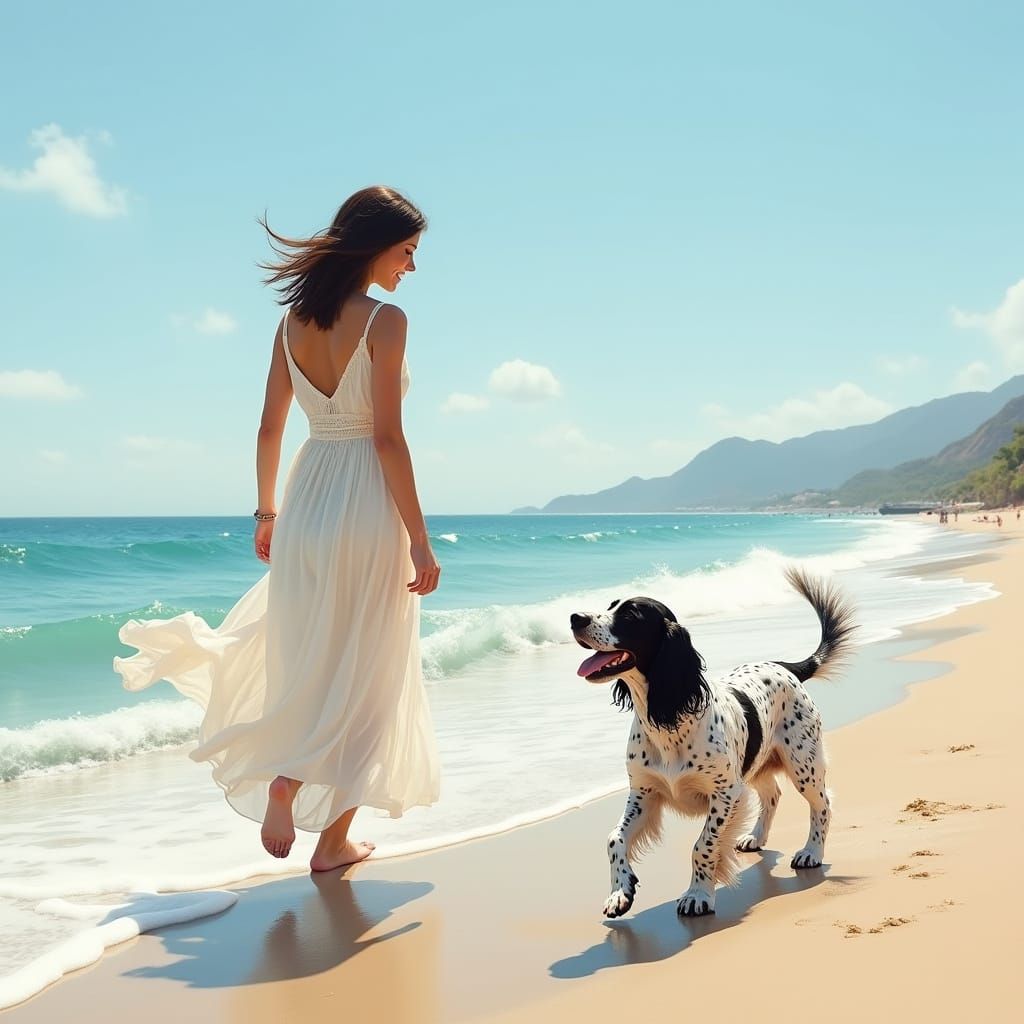 Woman and Dog on Sunny Beach, Hyperrealistic Style