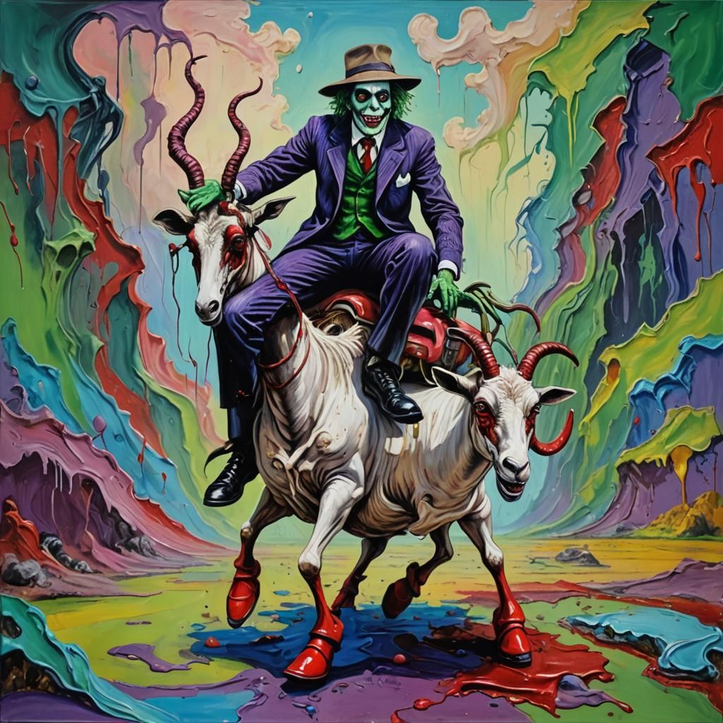 Beetlejuice Rides Goat: Surreal Acrylic Painting
