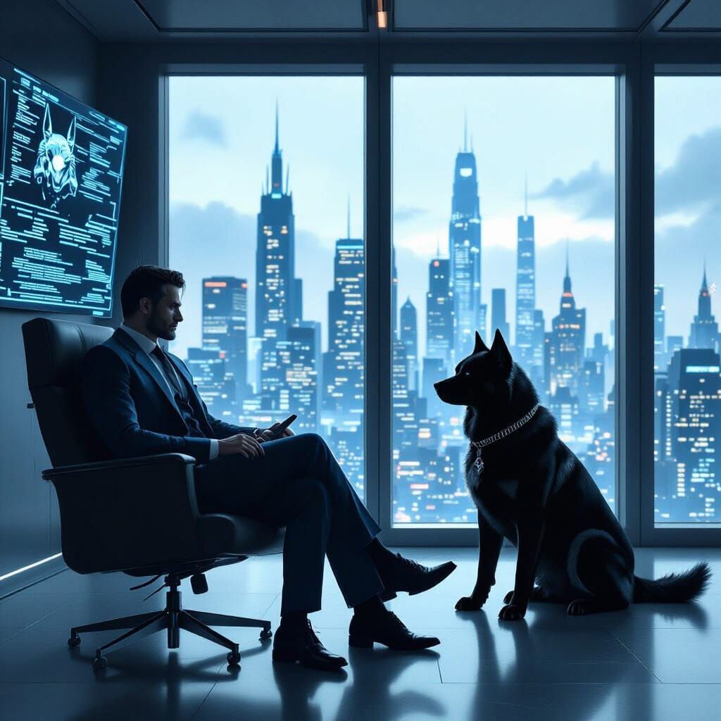 Ares as Cyberpunk CEO Overlooking Dystopian City