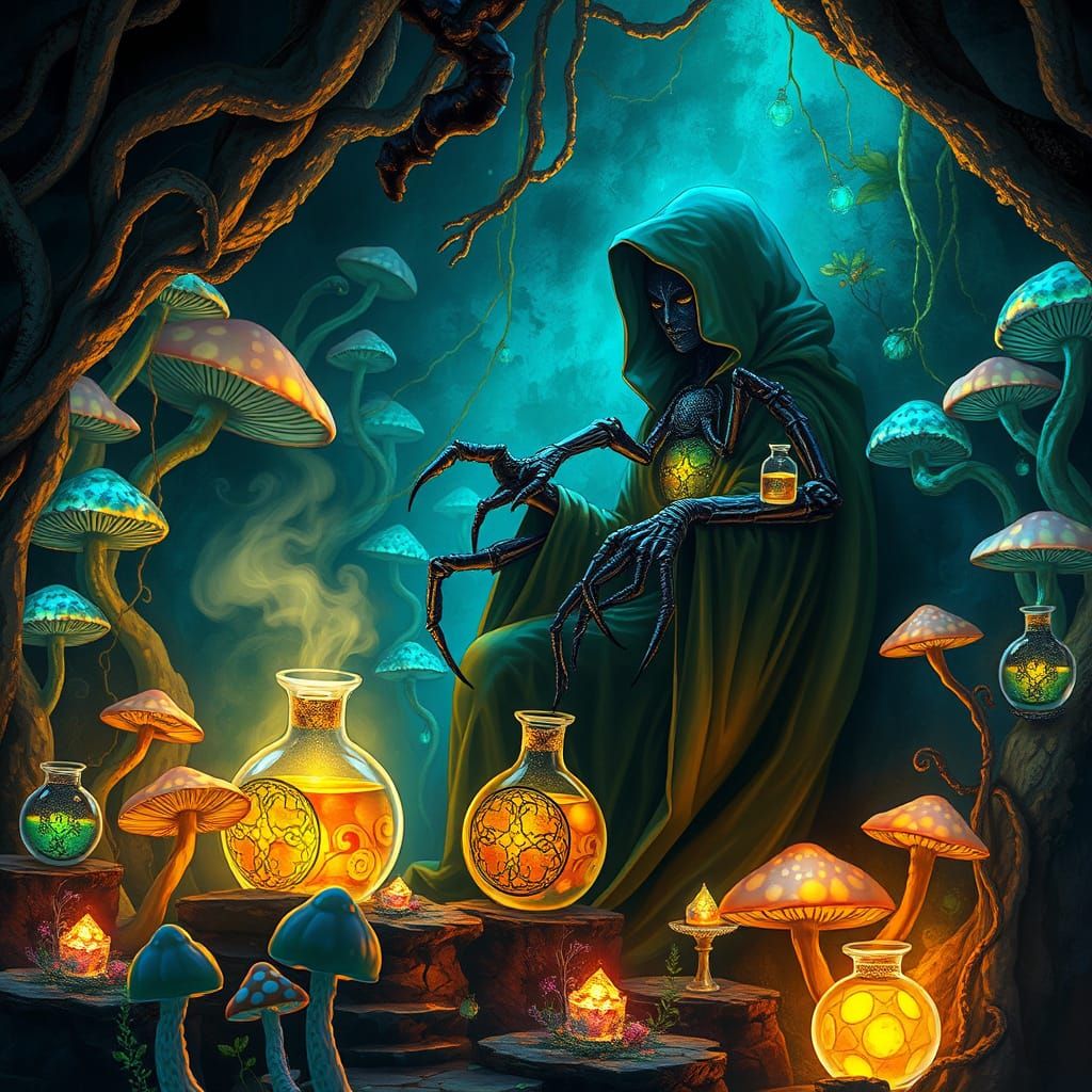 Mystical Spider-Hybrid Alchemist in a Bioluminescent Realm