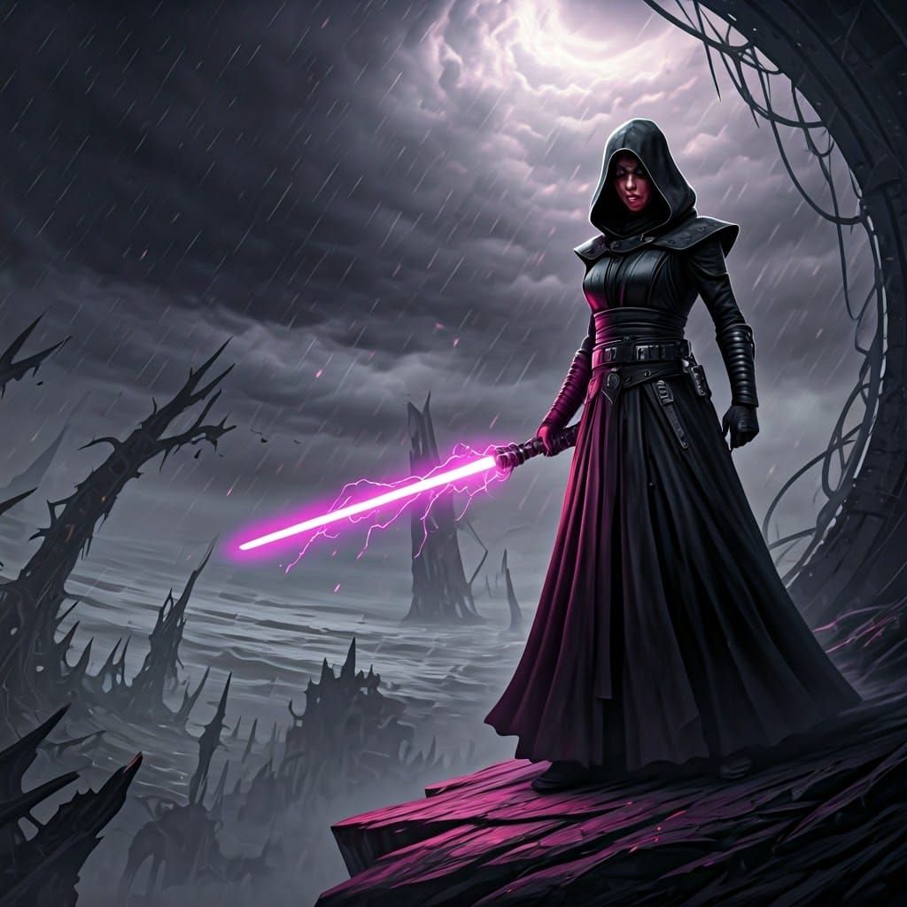 Ominous Sith Lord in Dark Galaxy Landscape