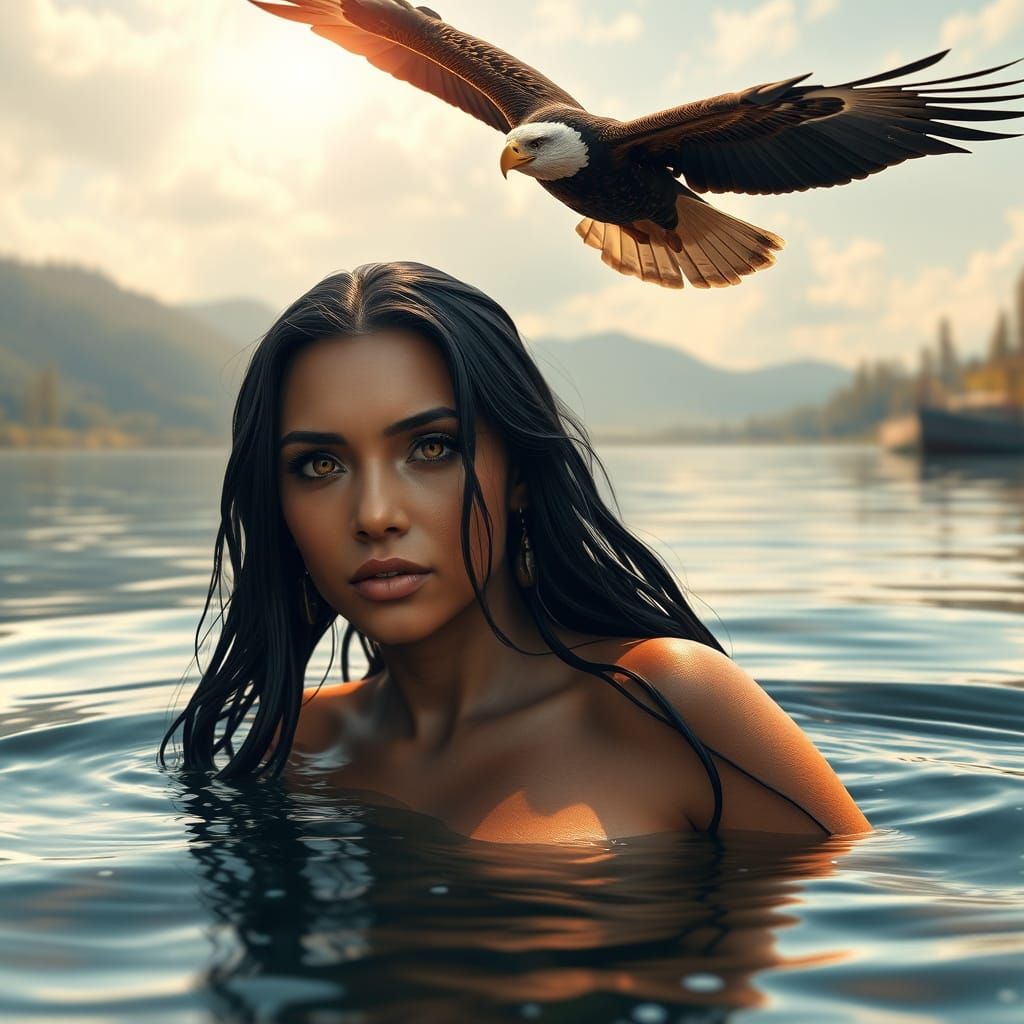 Native American Woman and Eagle in Volumetric 3D Rendering
