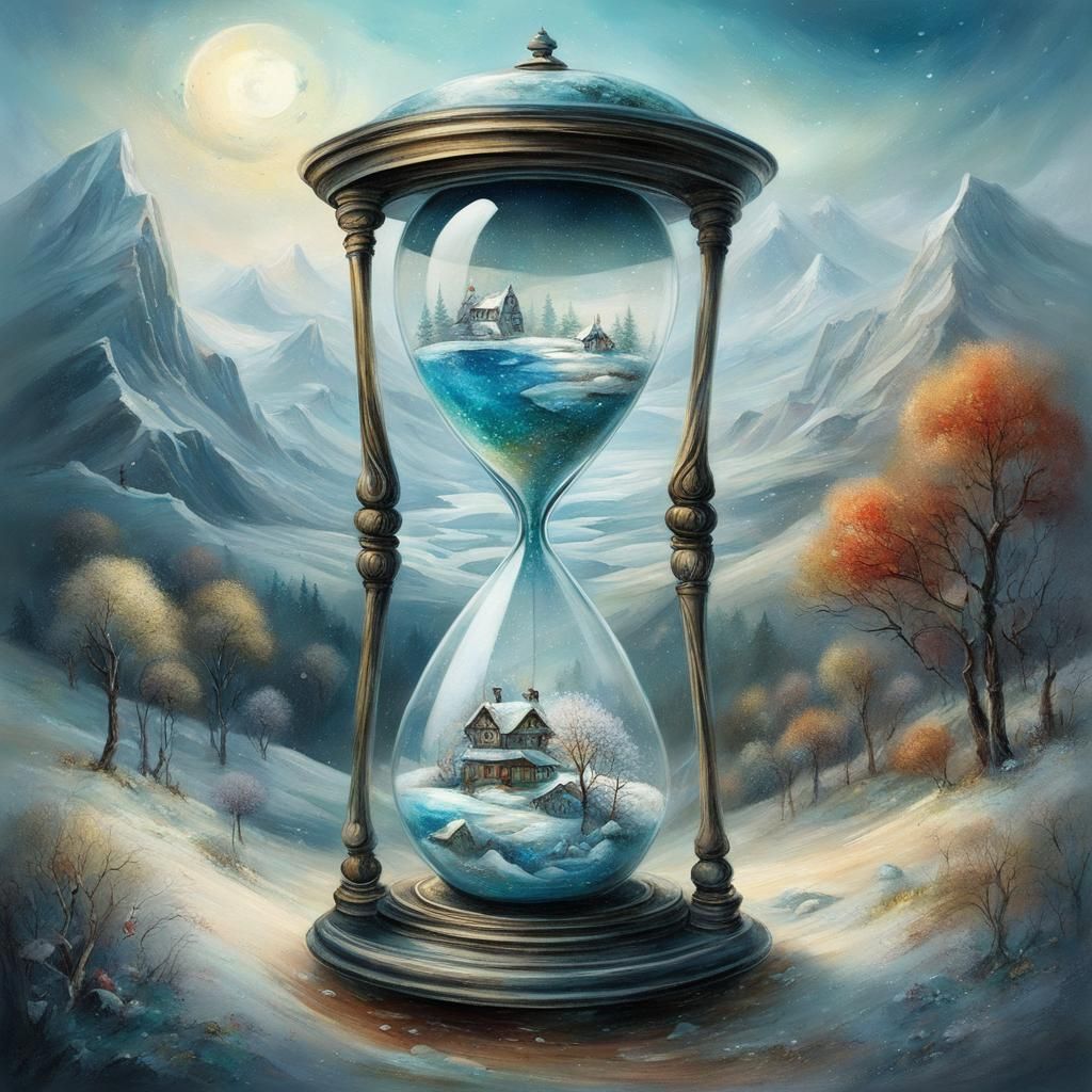 Hourglass Microworld: Winter Meets Summer in Volumetric Art