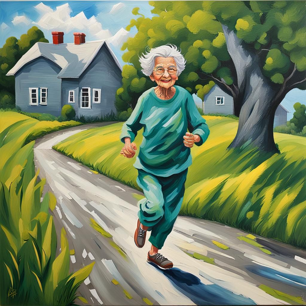 Whimsical Granny Running on Country Road: Acrylic Painting