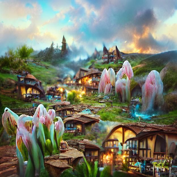 Enchanting Elven Village in Spring: Detailed Matte Painting
