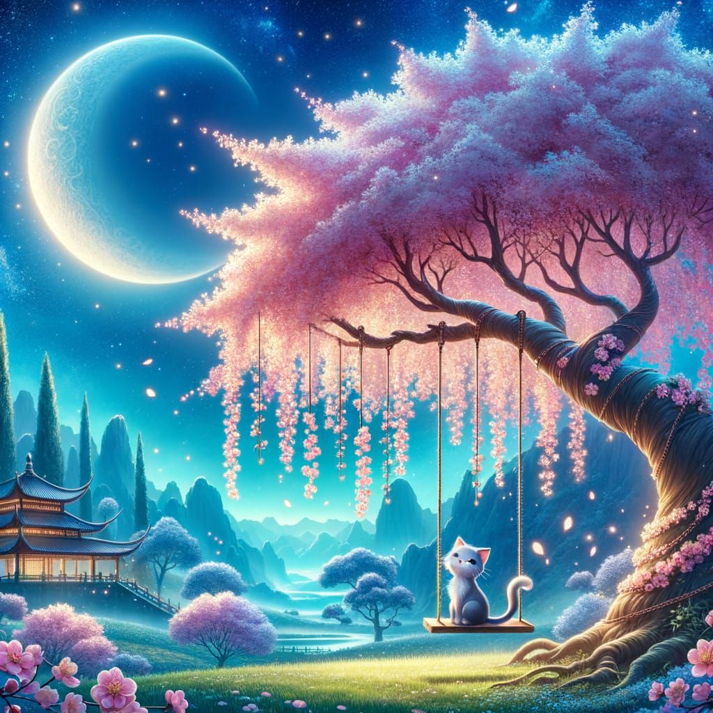 Sakura Tree Under Moonlight with Gentle Swing and Cute Cat