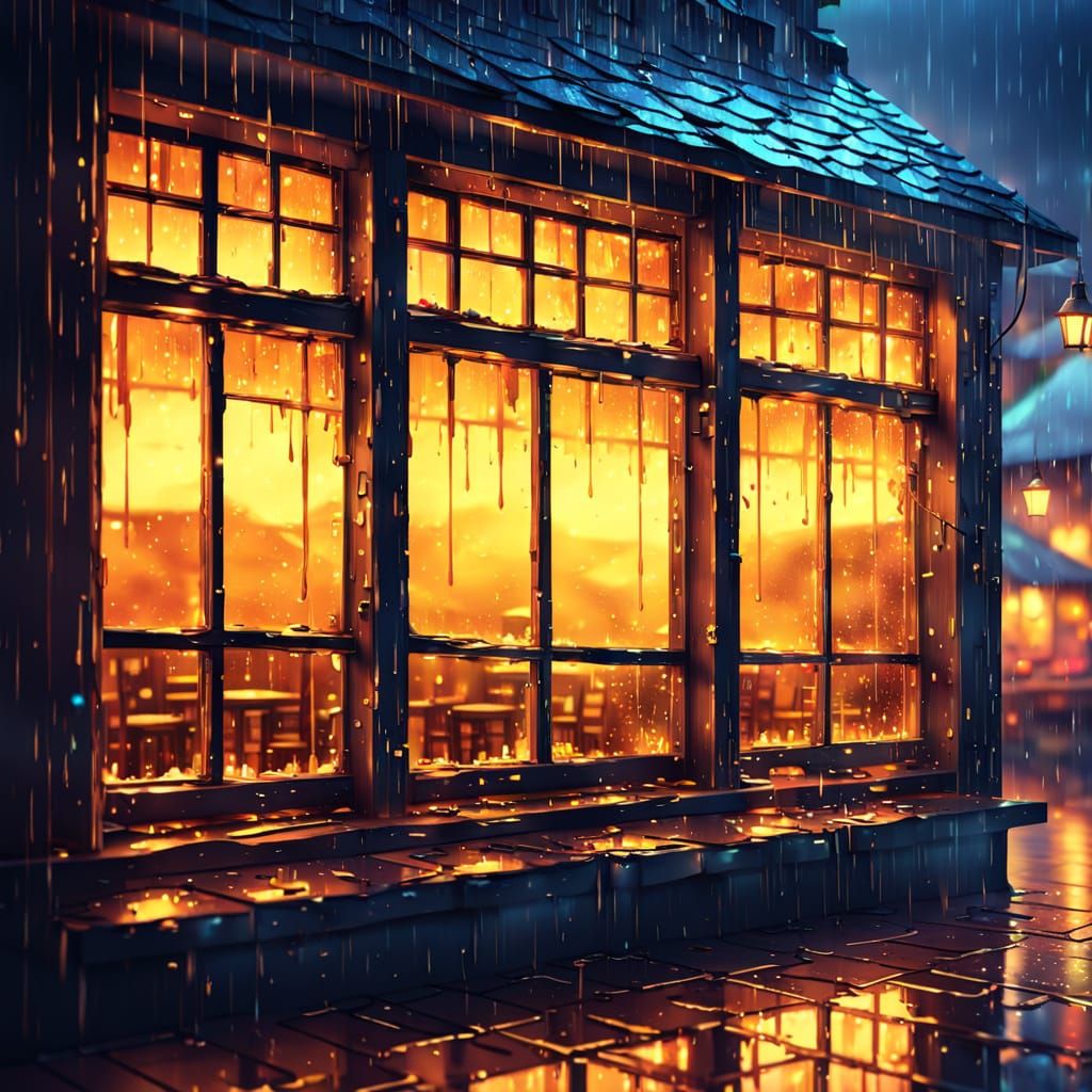 Glowing Tavern Window on Rainy Night