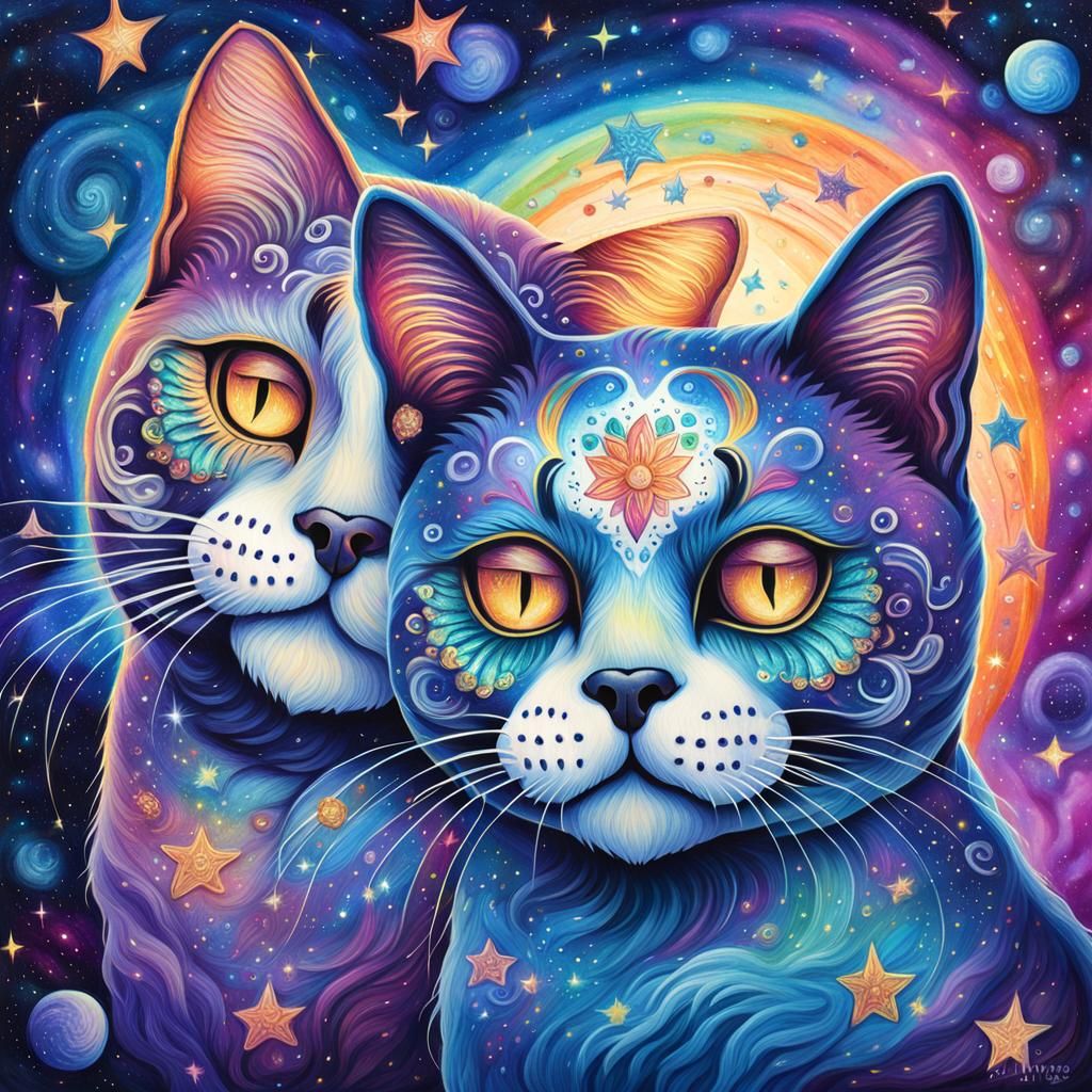 Astral Sugar Skull Cats in Cosmic Dreamscape