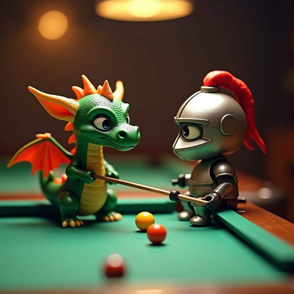 Miniature Dragon and Knight Play Pool Together