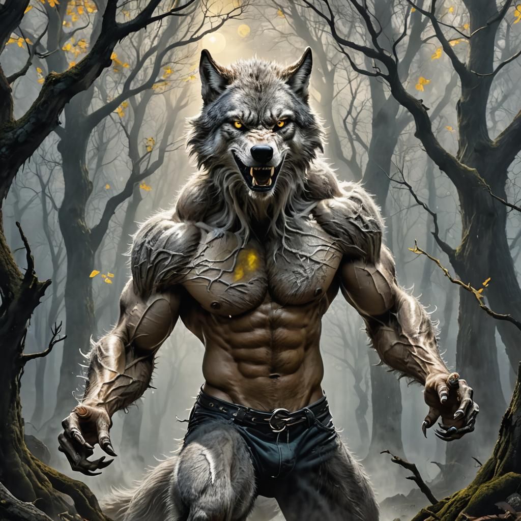 Man Transforms into Wolf in Moonlit Woods