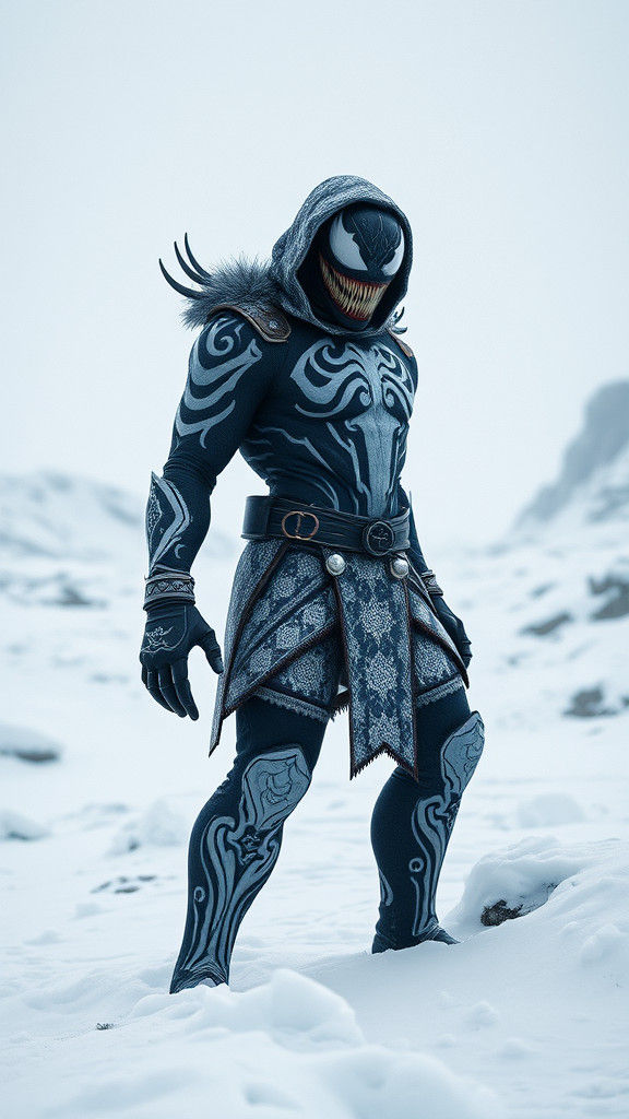 Venom in Eskimo Costume on Frozen Landscape