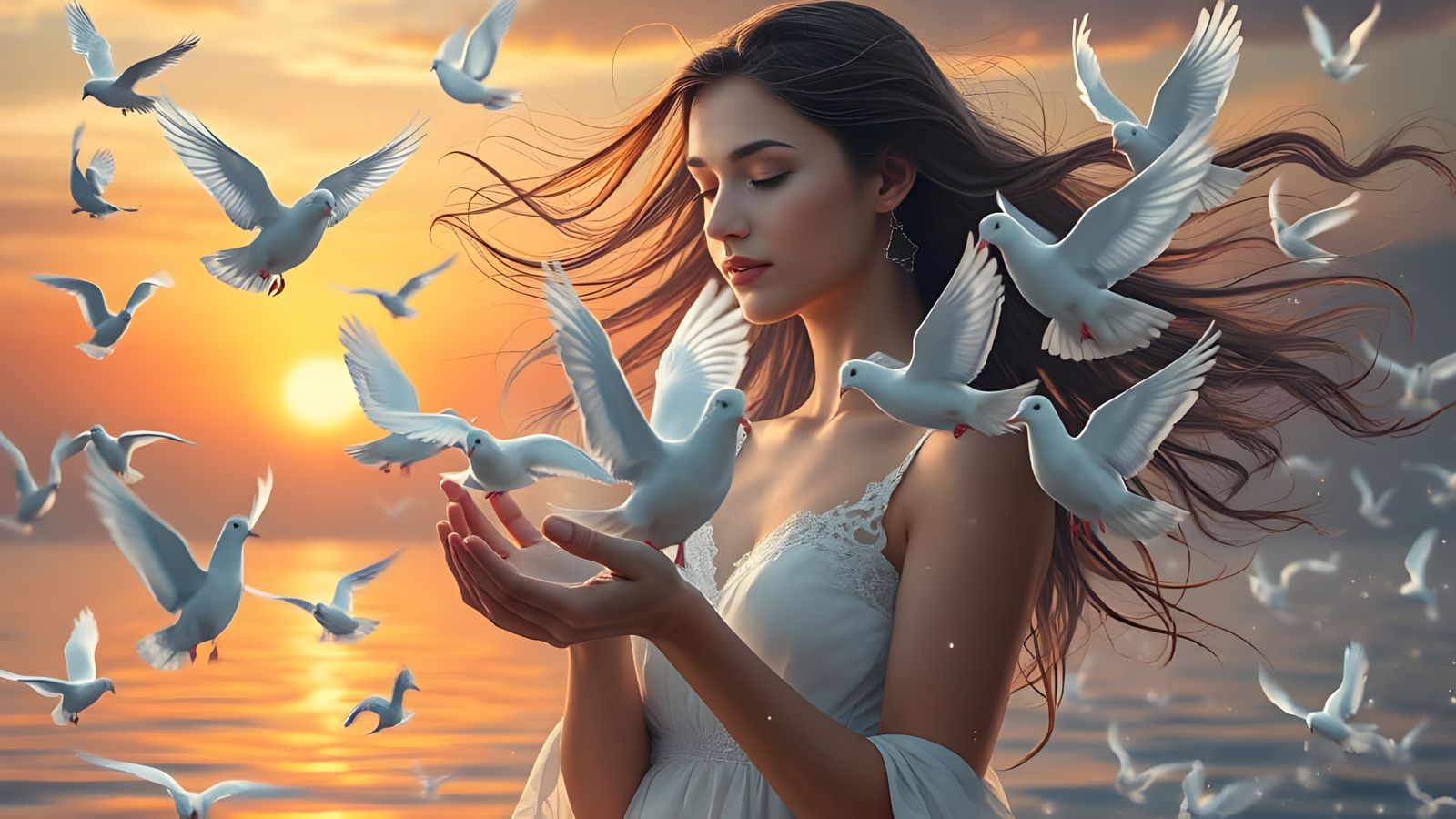 Surreal Water Goddess with Shimmering Doves in Cosmic Sunset