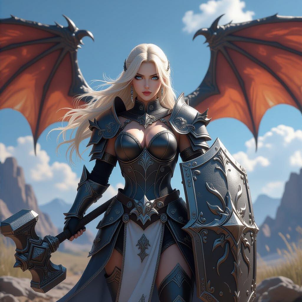 Paladin with Dragon Wings Wielding Hammer and Shield