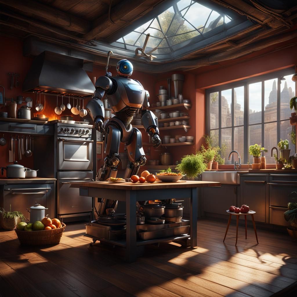 Burglar Surprised by Kitchen Robot: Detailed Matte Painting