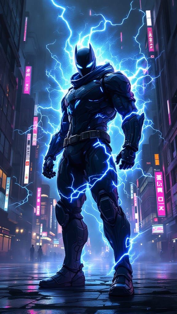 Urban Guardian in Stormy Cityscape