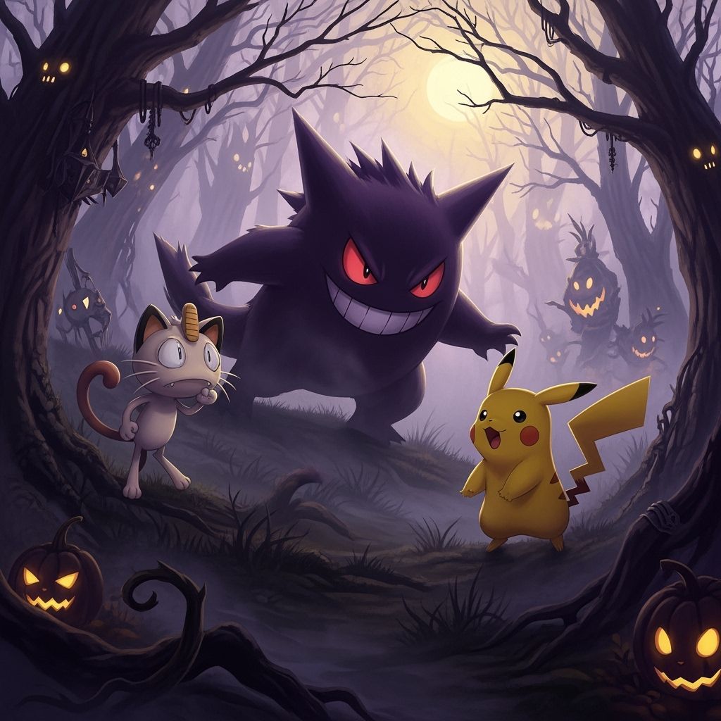 Gengar Haunts Pikachu and Meowth in Foggy Halloween Forest