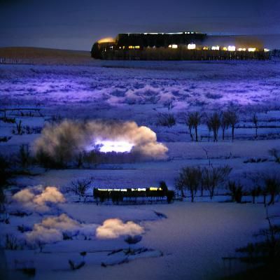 Train Rushes Through Winter Field at Night