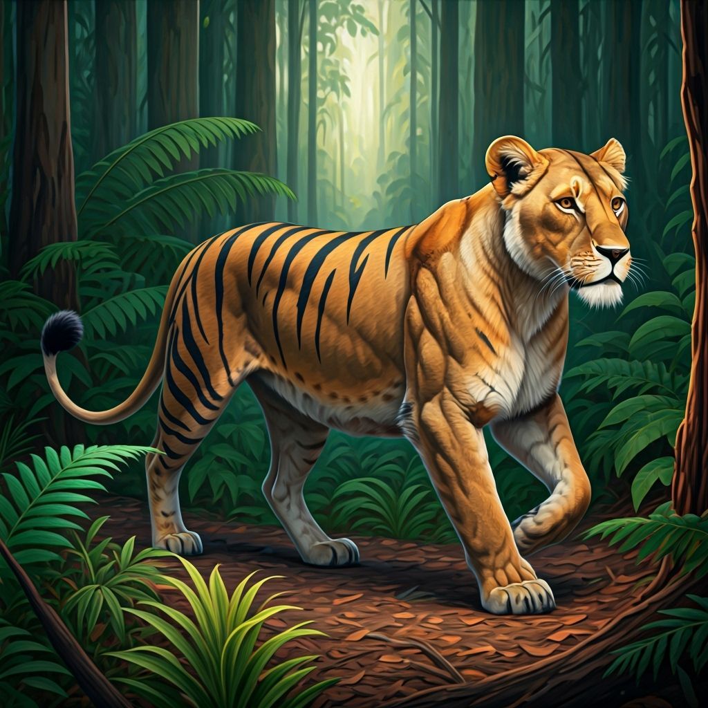 Lioness in Australian Rainforest, Blended Artistic Styles
