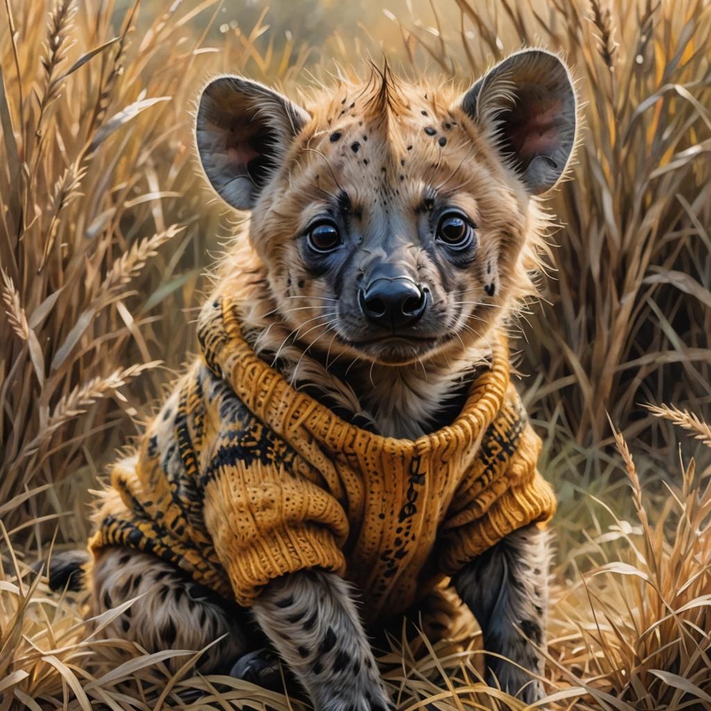 Baby Hyena in Knitted Outfit, Wildlife Illustration