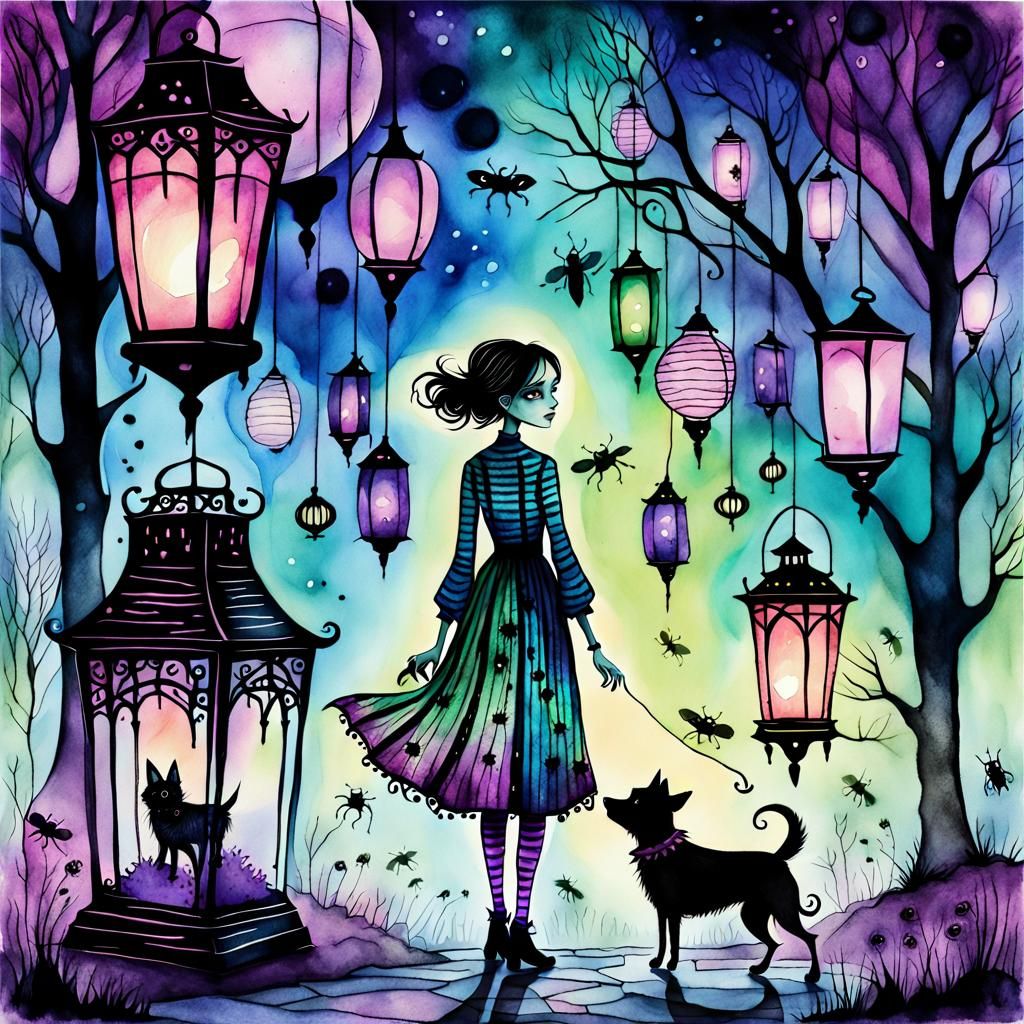 Whimsical Gothic Woman with Dog Illustration