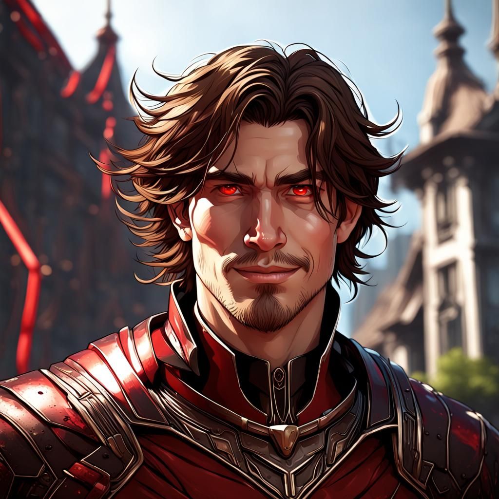 Smiling Man with Red Eyes: Hyperdetailed Portrait