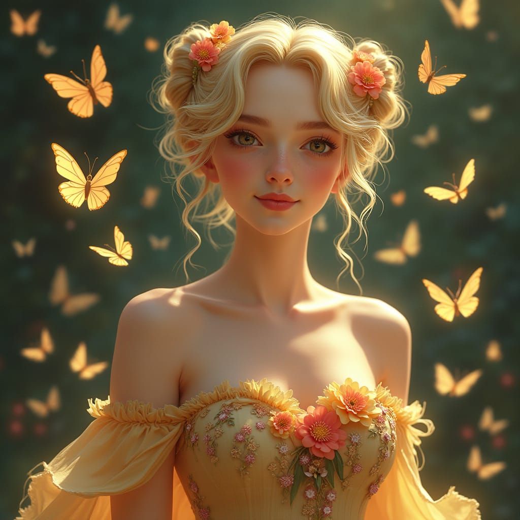 Blonde Woman with Butterflies in Art Nouveau Style