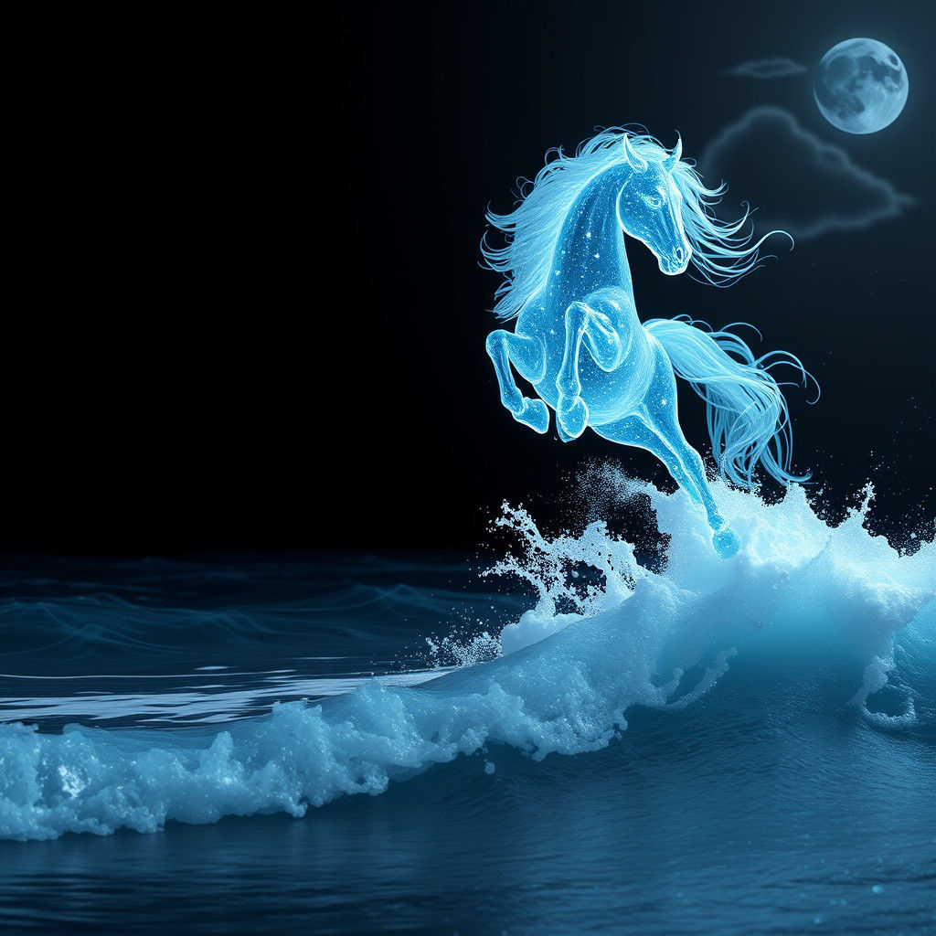 Glass Horse Leaps Over Wave in Fantasy Art