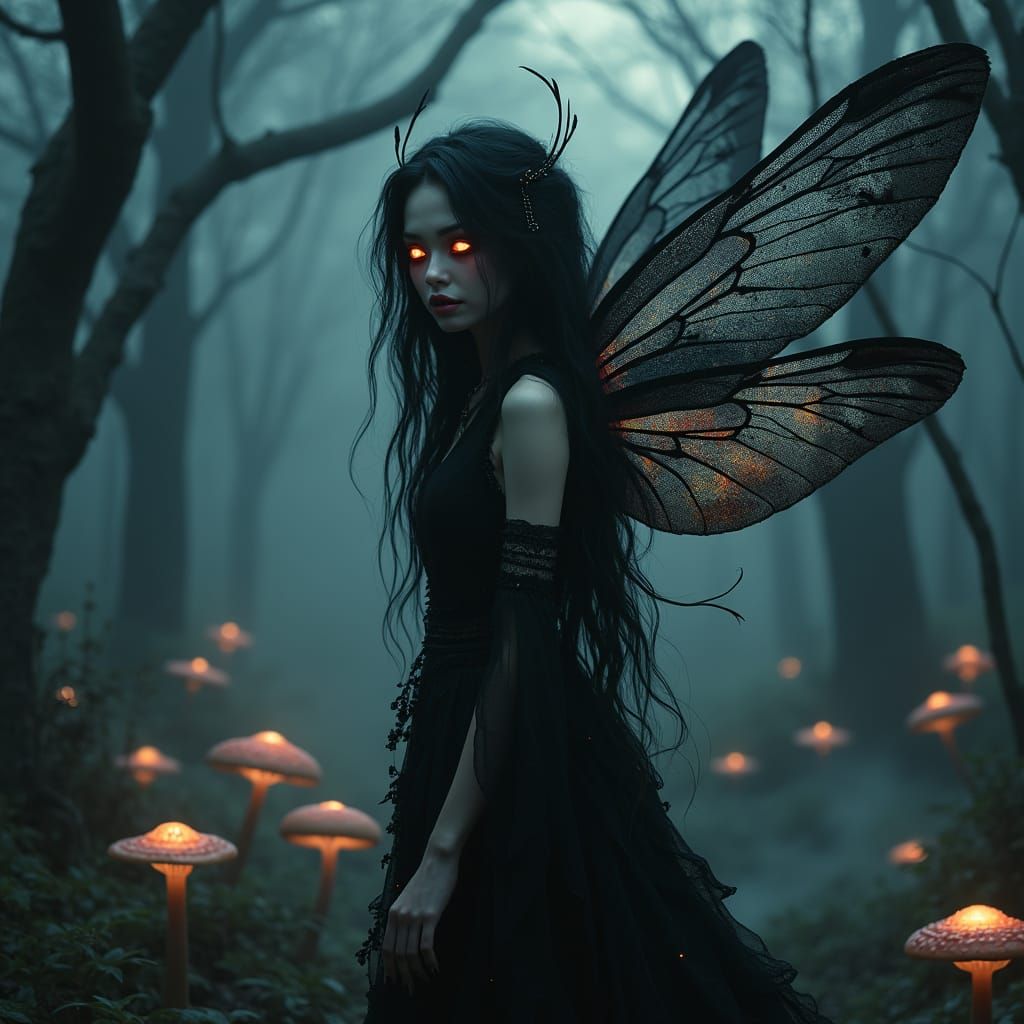 Mysterious Dark Fairy in Haunted Forest at Night