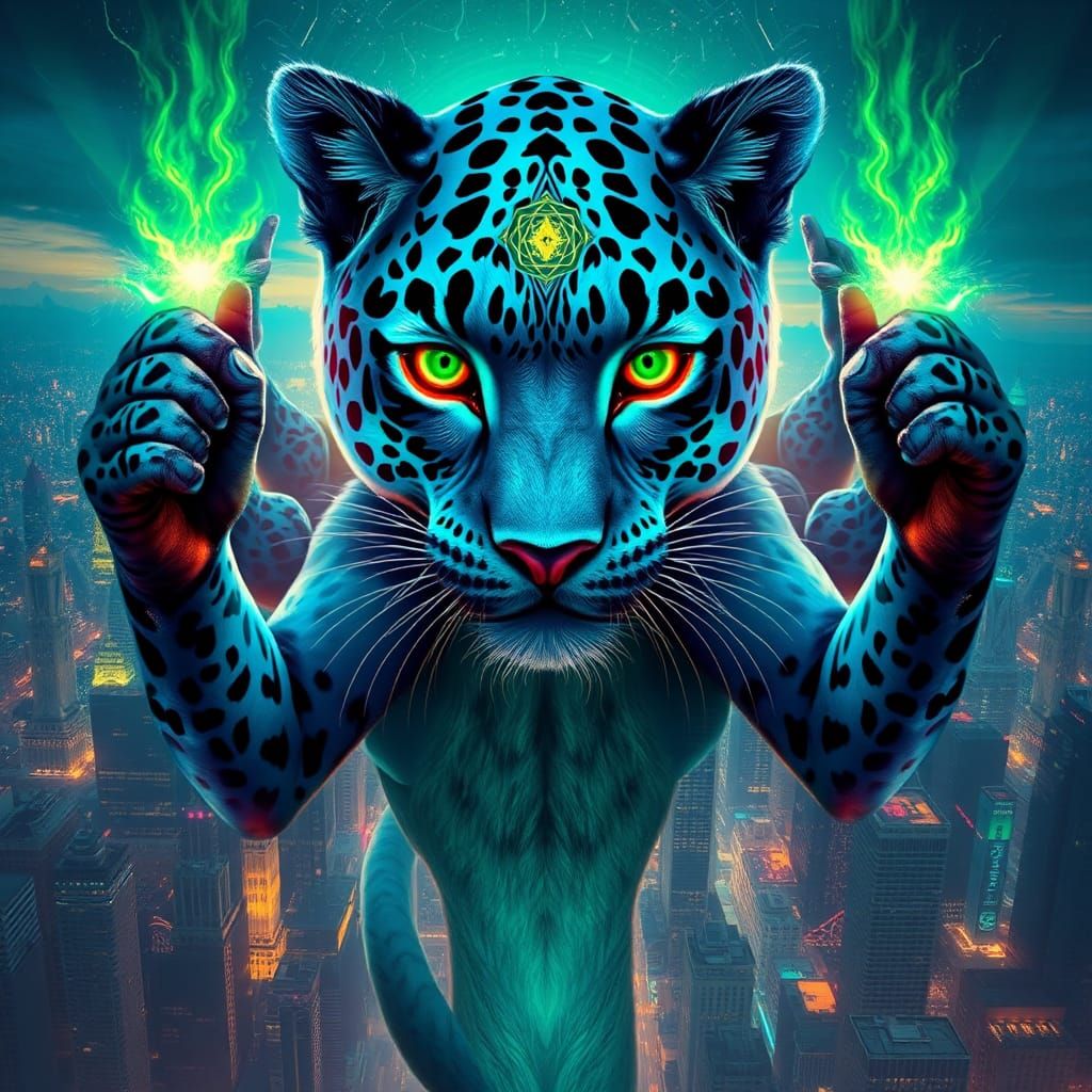 Blue Leopard Goddess in a Cyberpunk Cityscape