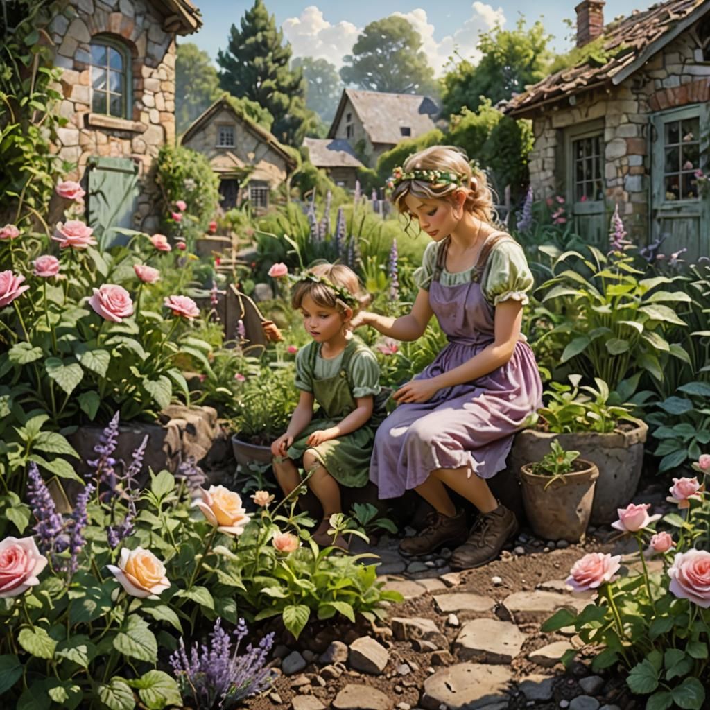 Flower Fairies Tend Garden in Urban Fantasy Style