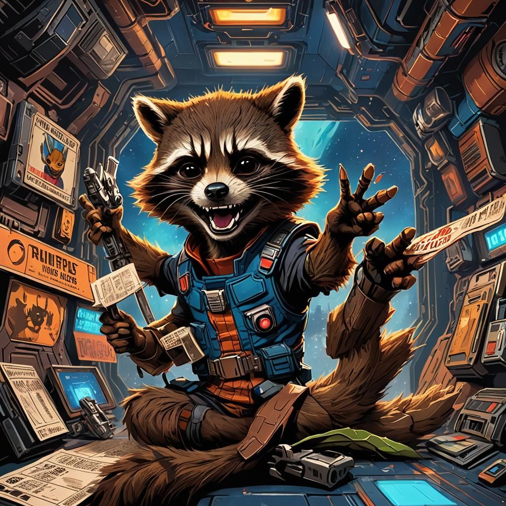 Rocket Raccoon Close-Up on Spaceship, Digital Art