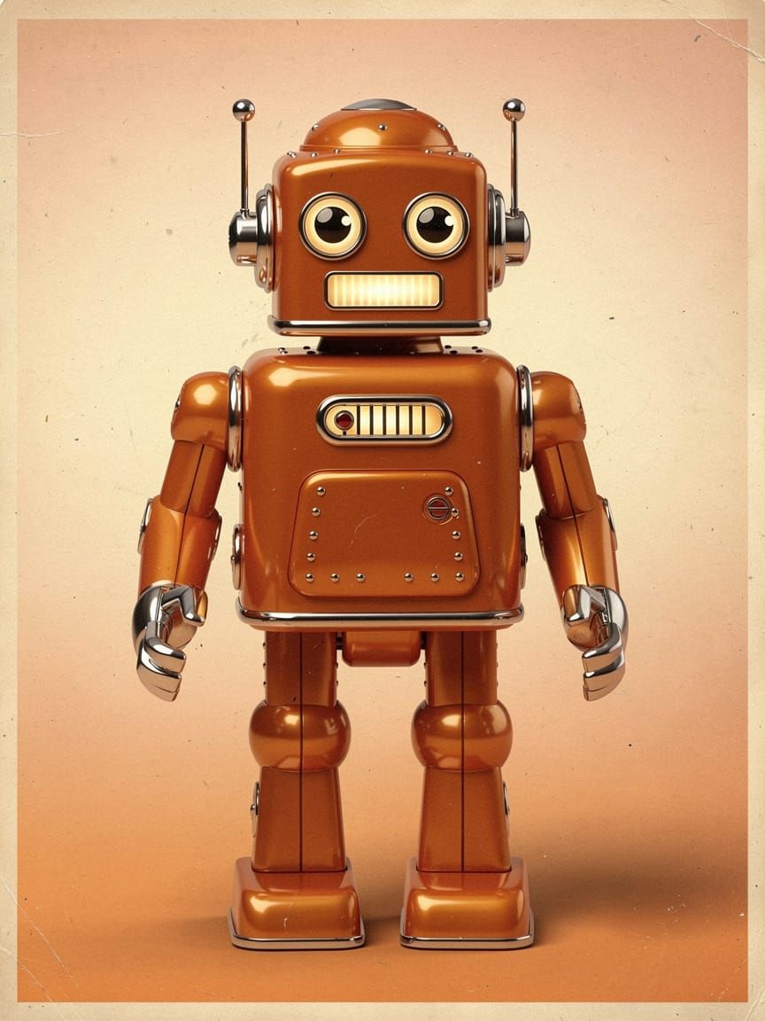 Friendly Orange Retro Robot in 1950s Sci-Fi Style
